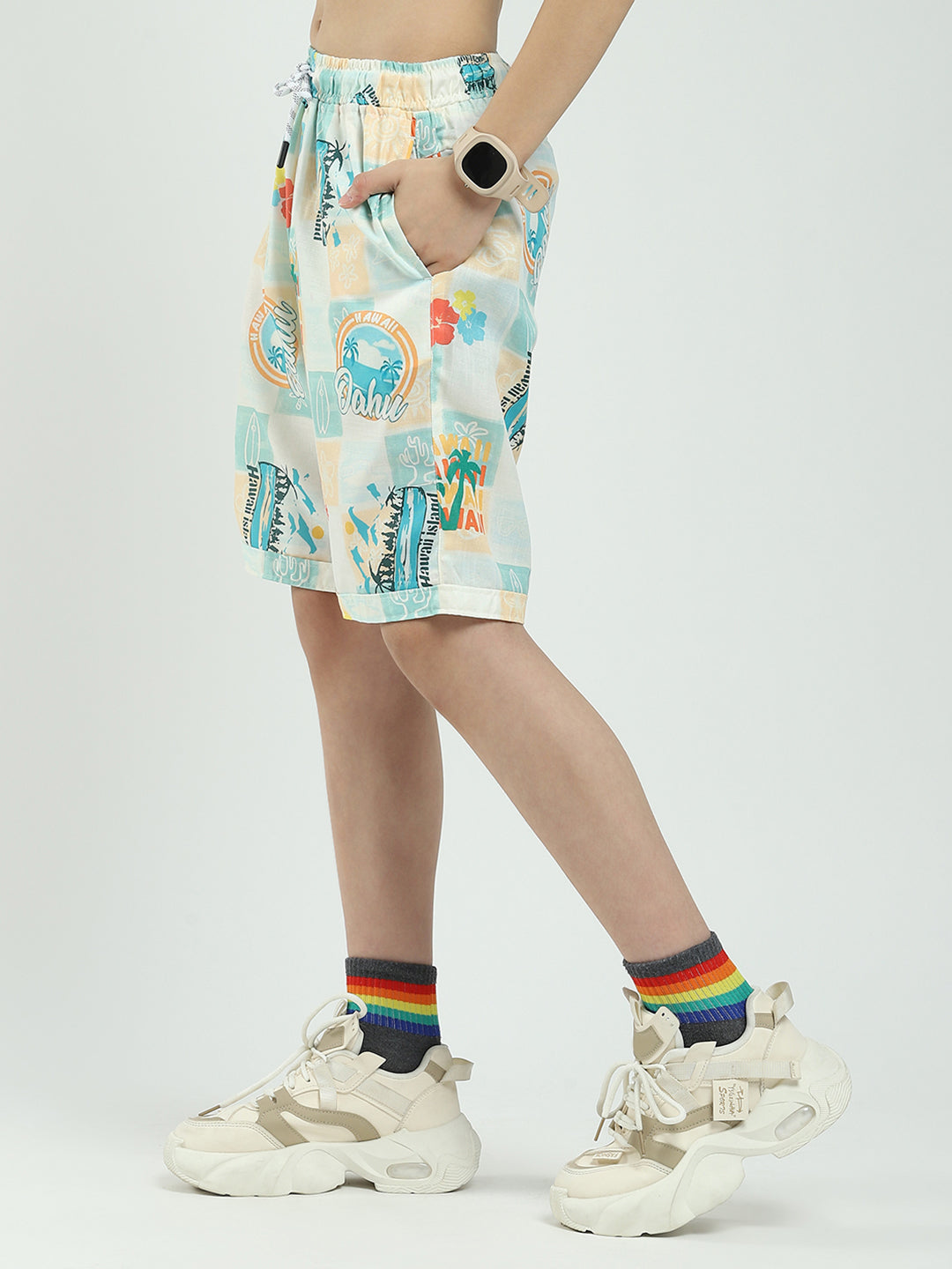 Boys Green Printed Collar Half Sleeve Cords Set