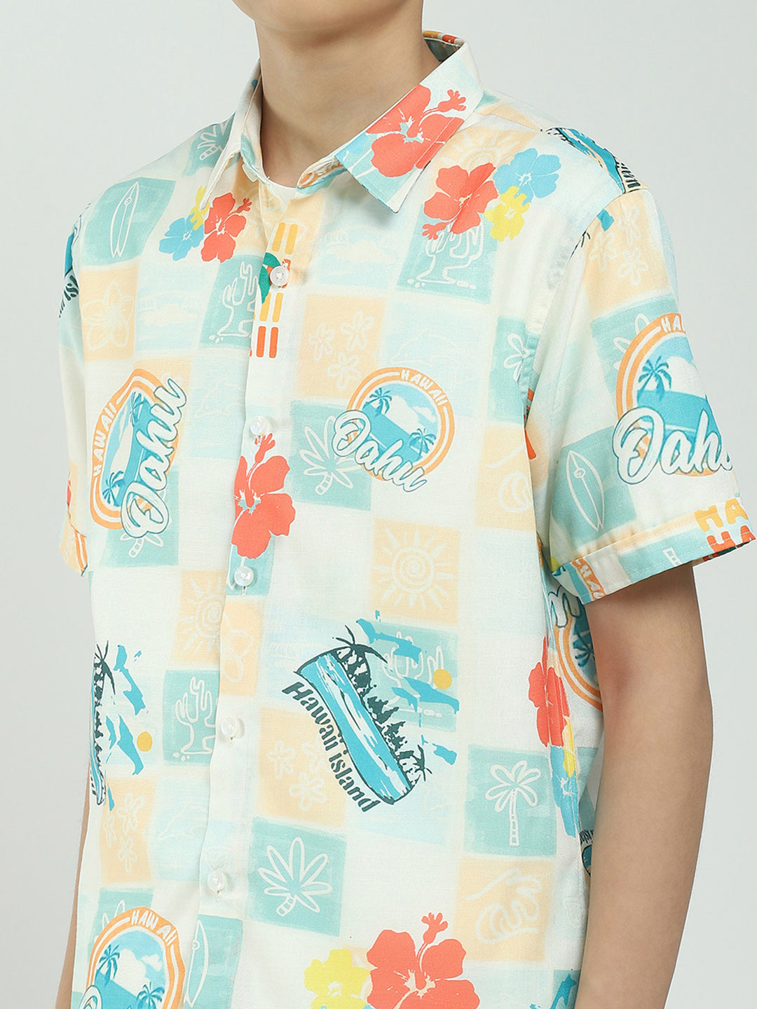 Boys Green Printed Collar Half Sleeve Cords Set