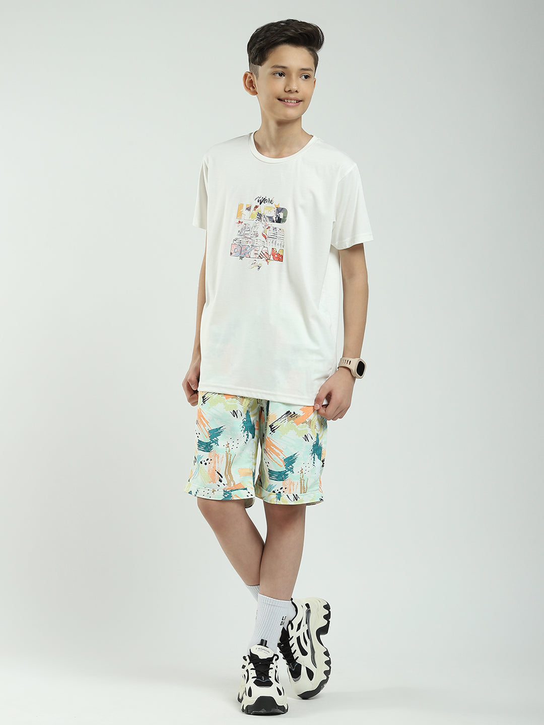 Boys Green Printed Collar Half Sleeve Cords Set