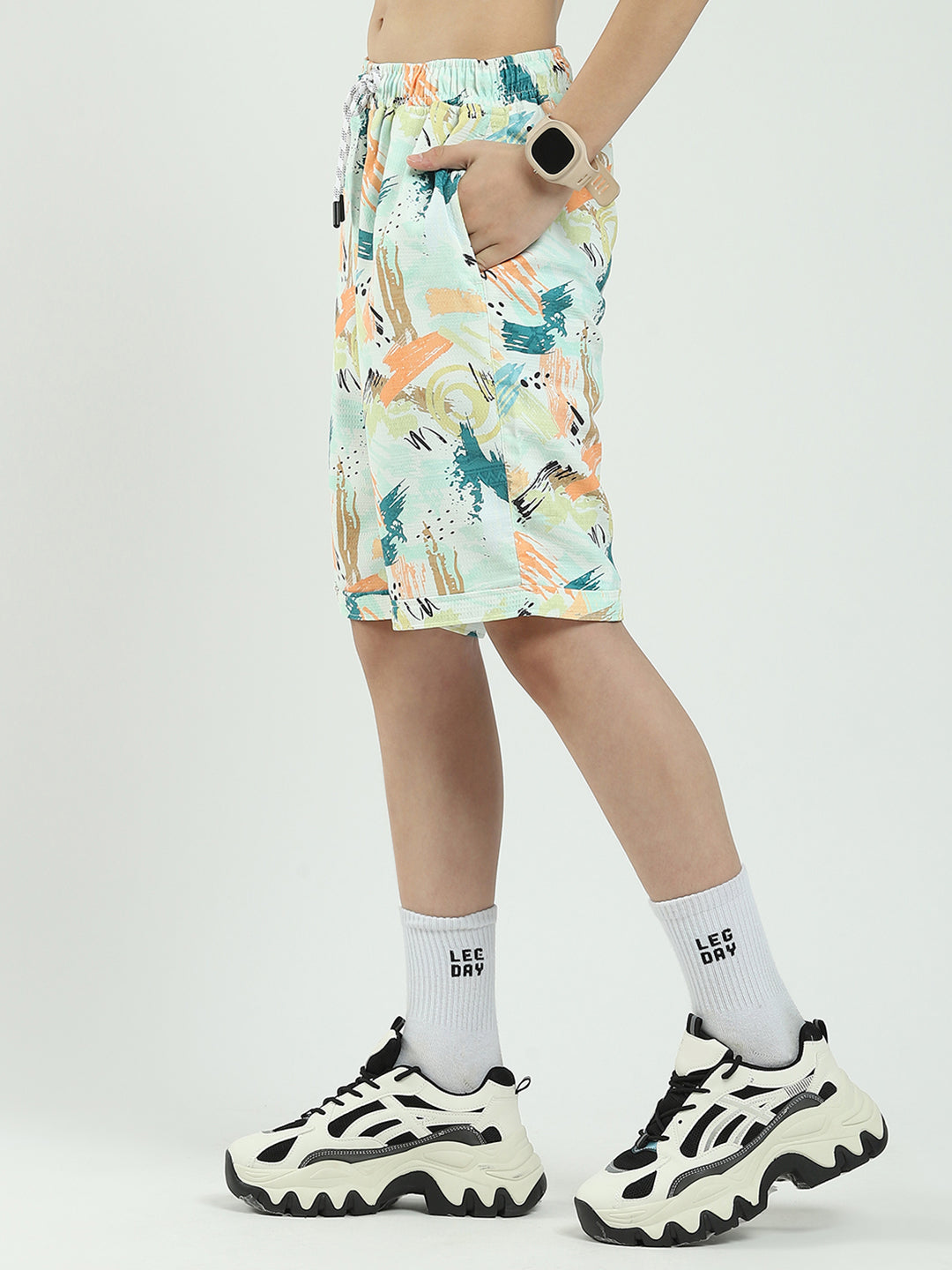 Boys Green Printed Collar Half Sleeve Cords Set