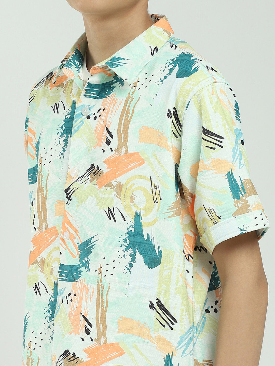 Boys Green Printed Collar Half Sleeve Cords Set