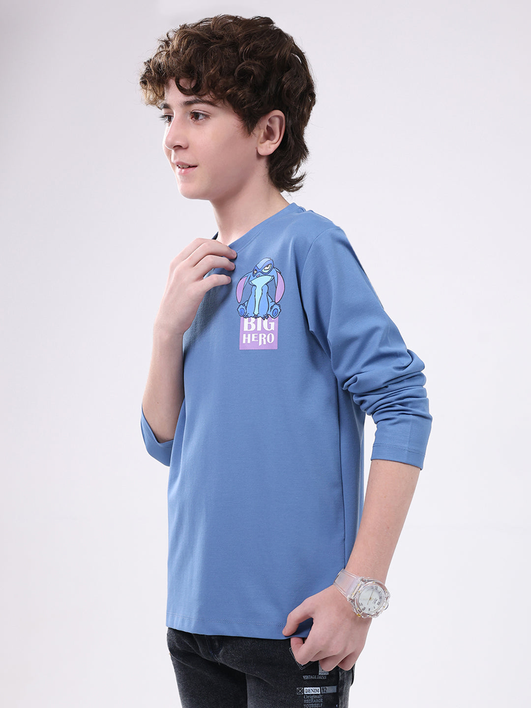 Boys Blue Printed Round Neck Full Sleeve Winter T-Shirt