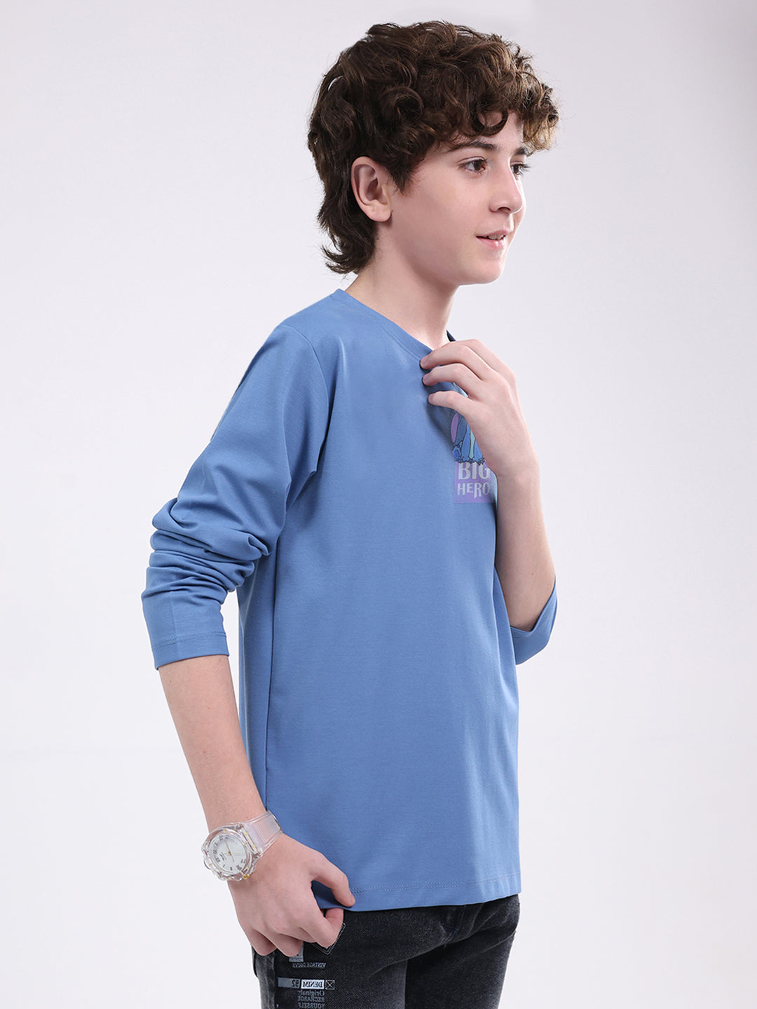 Boys Blue Printed Round Neck Full Sleeve Winter T-Shirt
