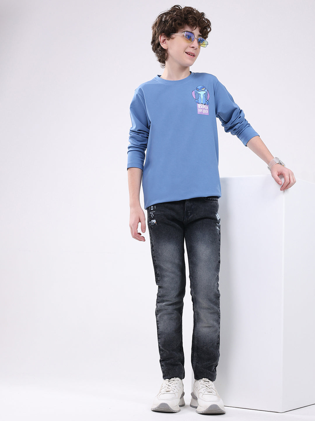 Boys Blue Printed Round Neck Full Sleeve Winter T-Shirt