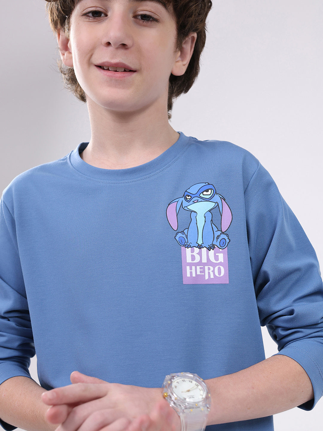Boys Blue Printed Round Neck Full Sleeve Winter T-Shirt