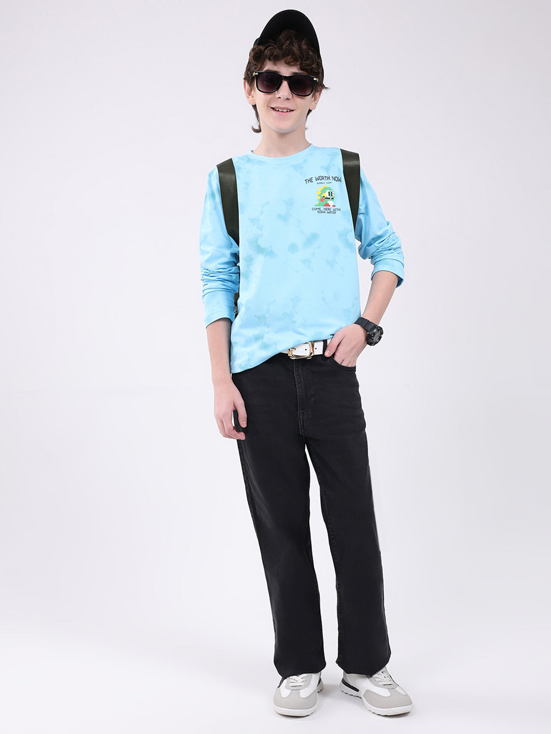 Boys Sky Blue Printed Round Neck Full Sleeve Winter T-Shirt