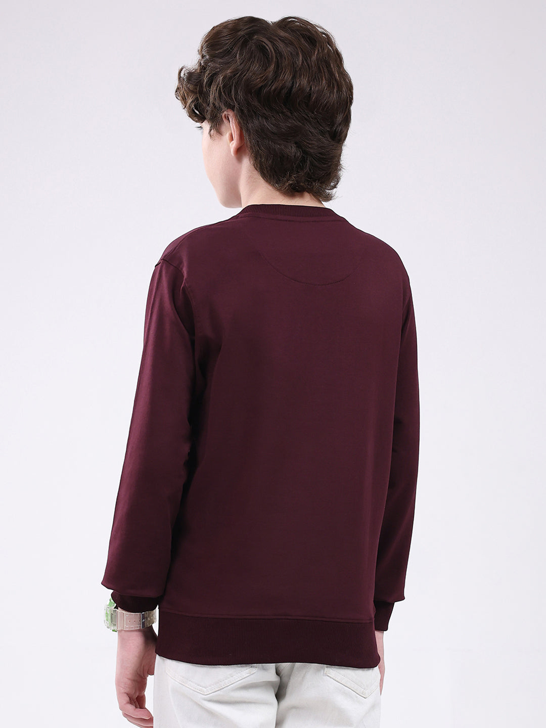 Boys Maroon Printed Round Neck Full Sleeve Winter T-Shirt