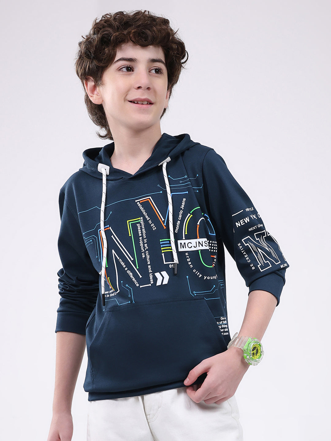 Boys Teal Blue Printed Hooded Full Sleeve Winter T-Shirt