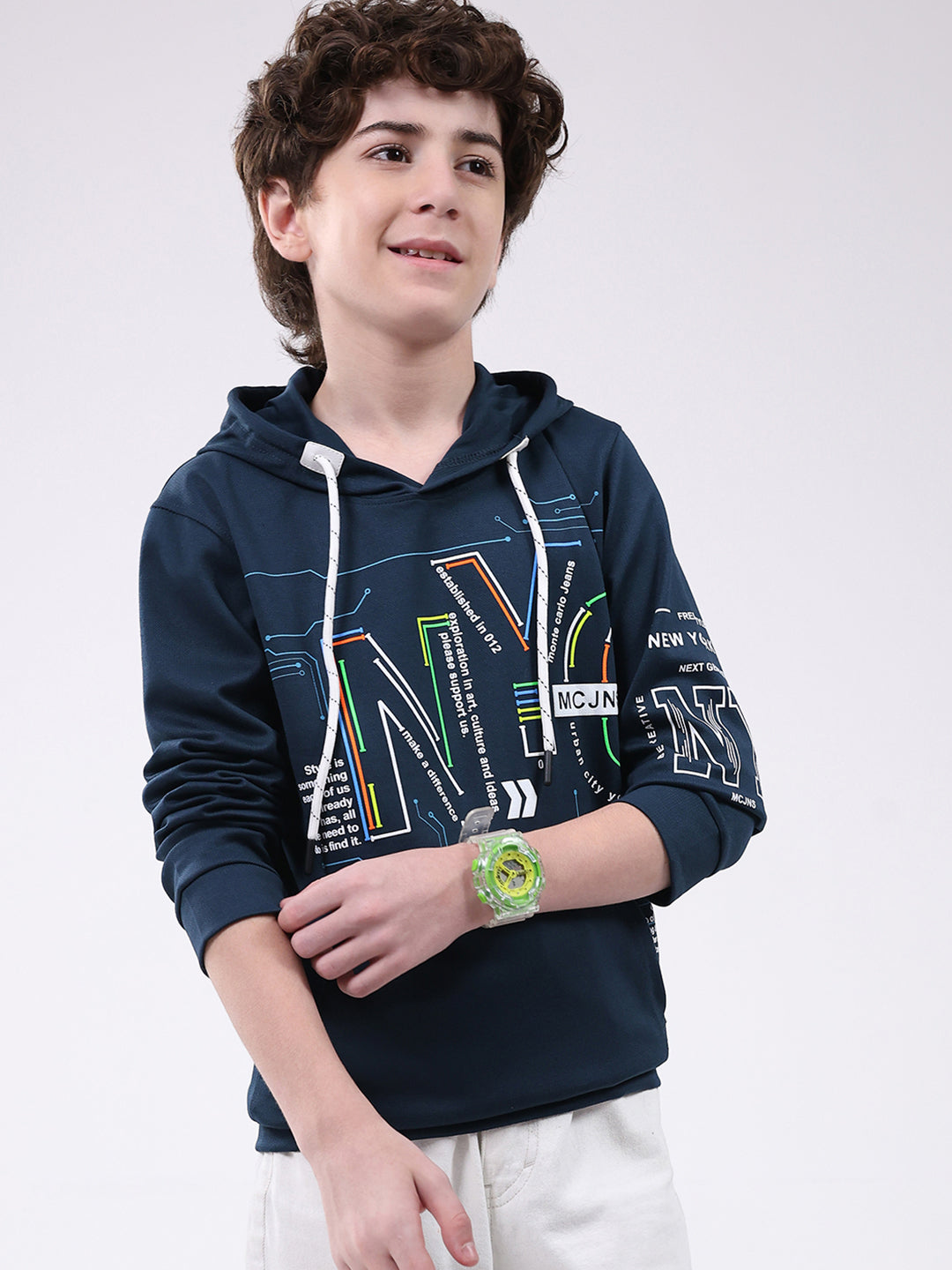 Boys Teal Blue Printed Hooded Full Sleeve Winter T-Shirt