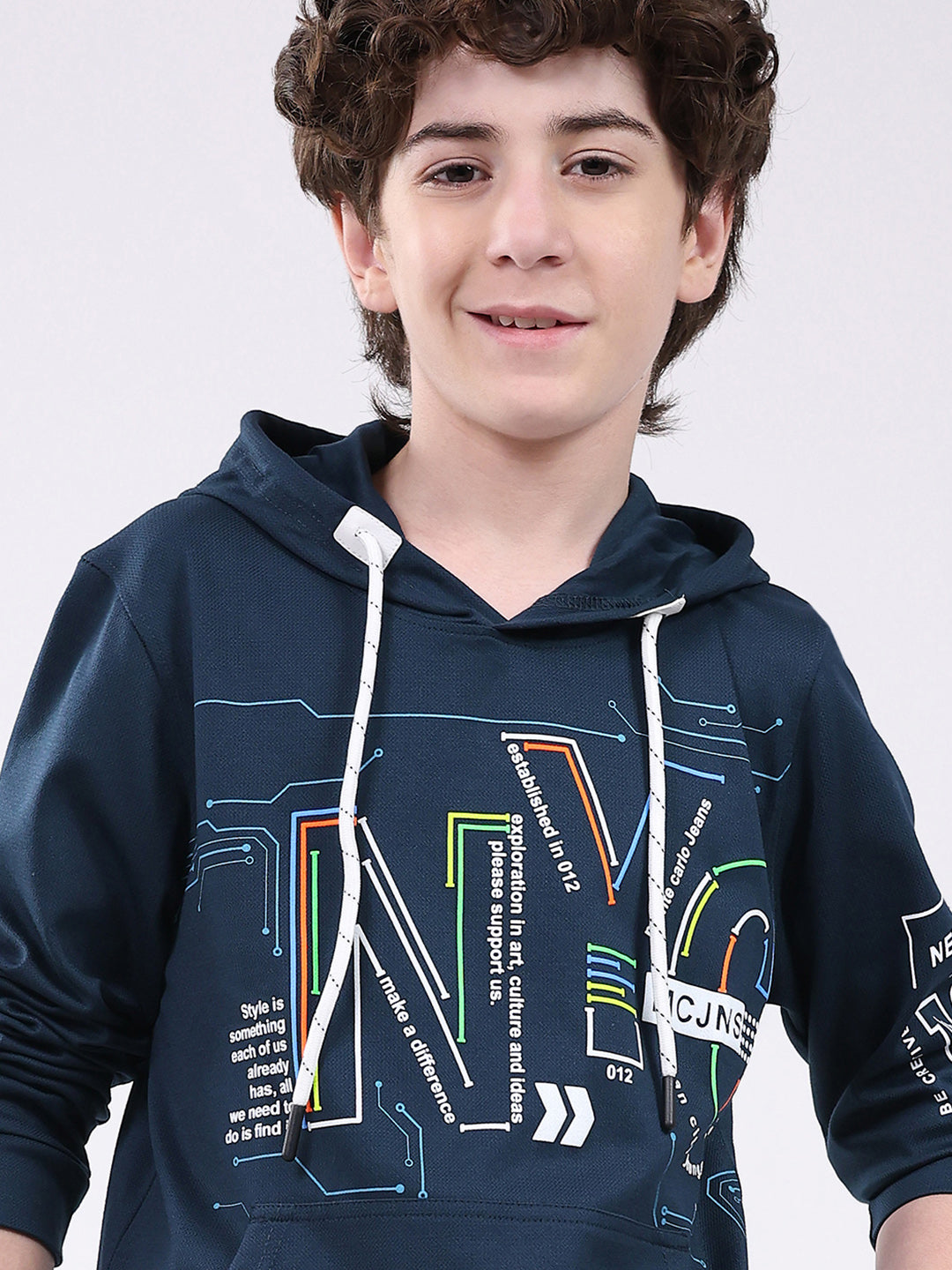 Boys Teal Blue Printed Hooded Full Sleeve Winter T-Shirt