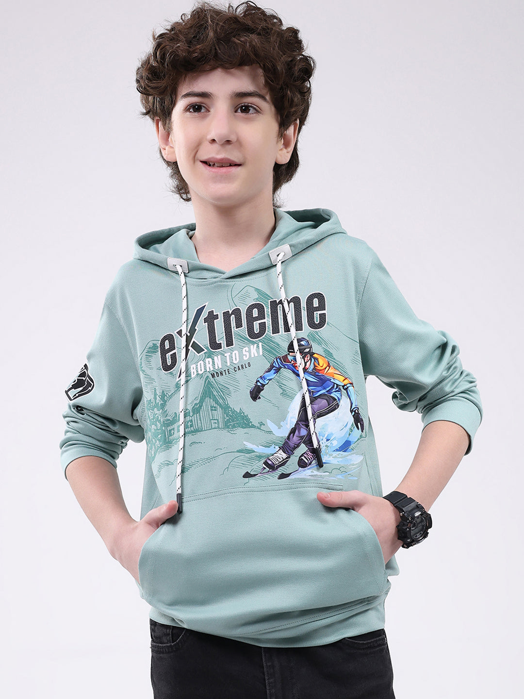 Boys Green Printed Hooded Full Sleeve Winter T-Shirt