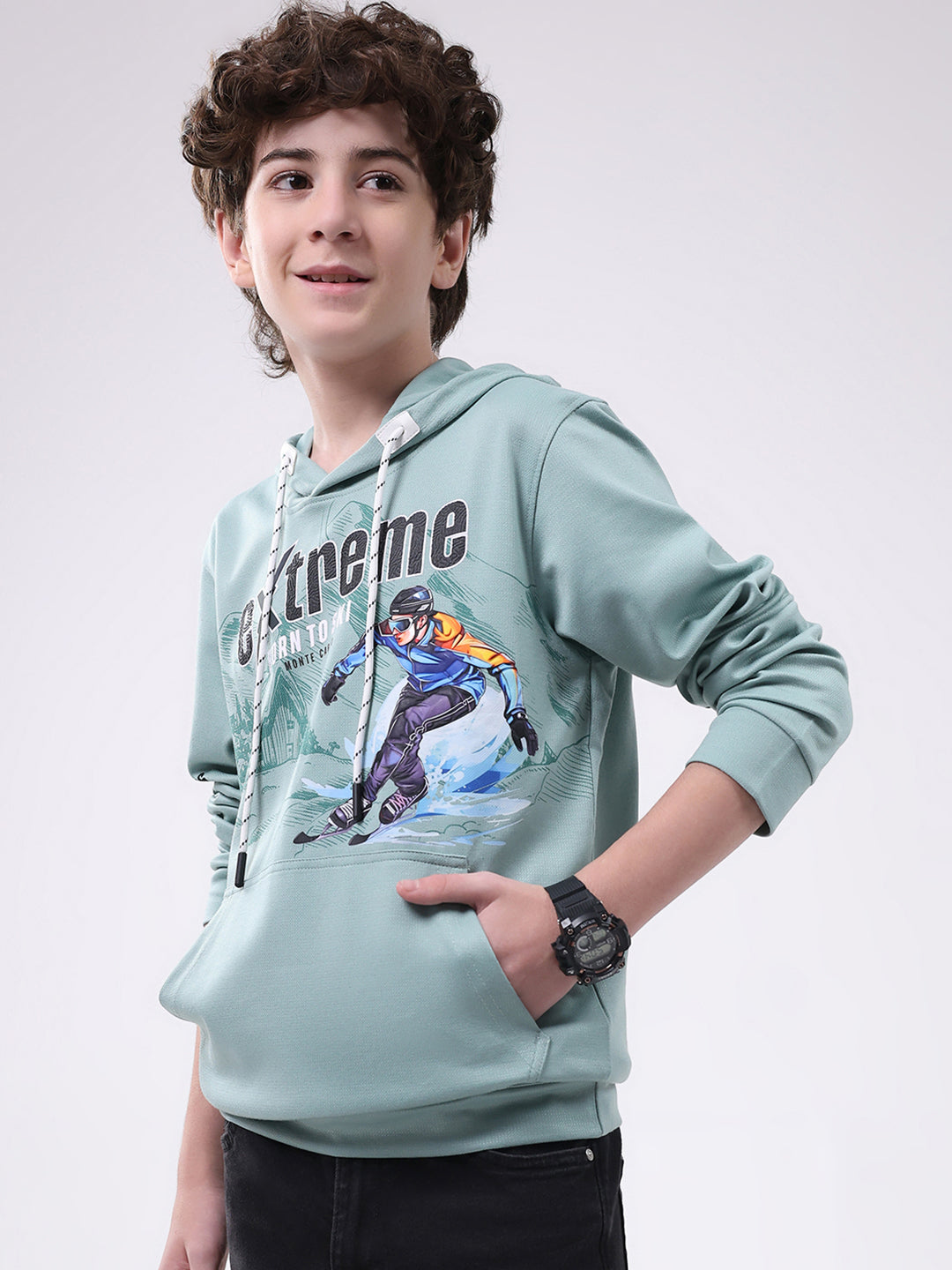 Boys Green Printed Hooded Full Sleeve Winter T-Shirt