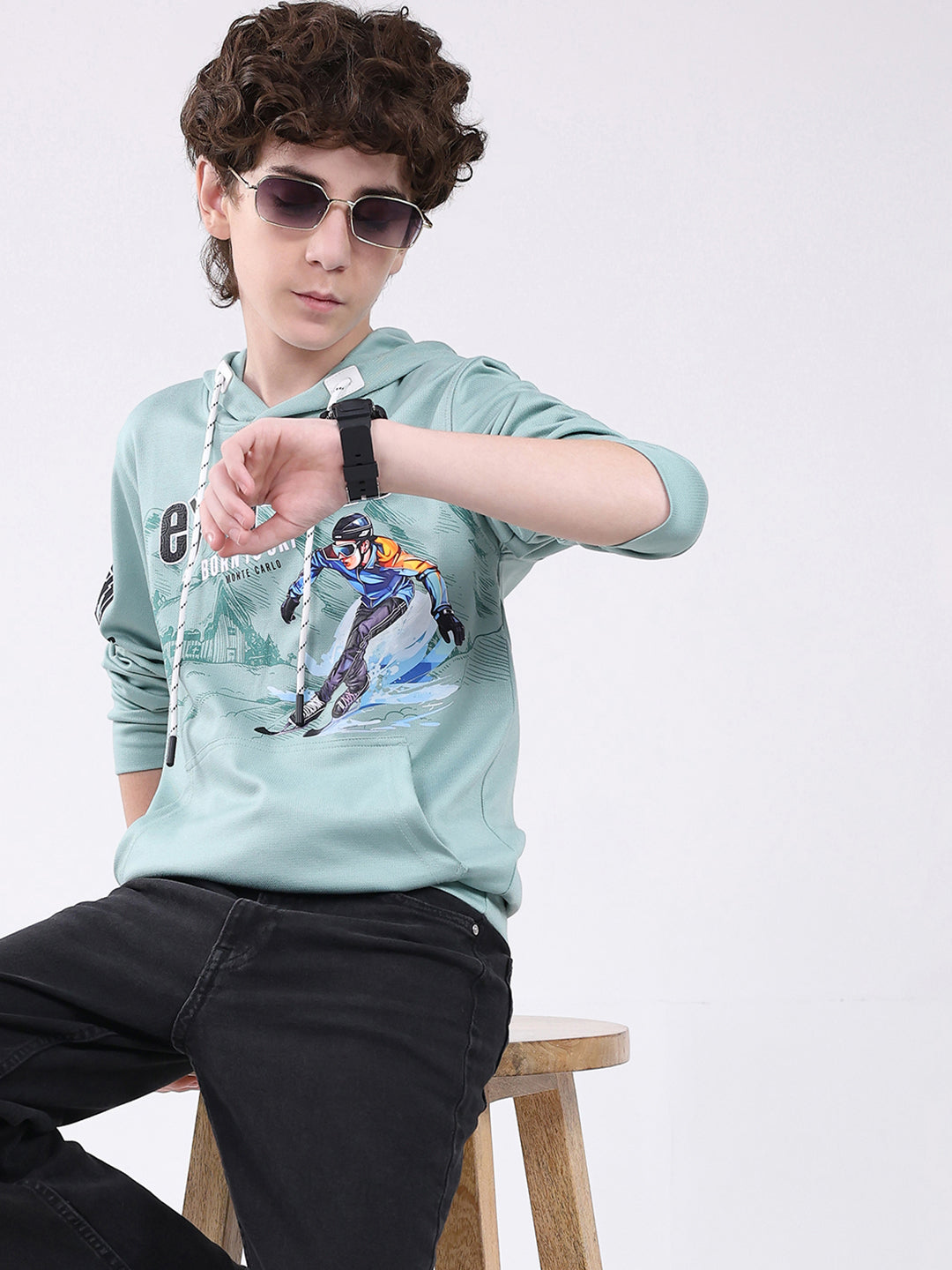 Boys Green Printed Hooded Full Sleeve Winter T-Shirt