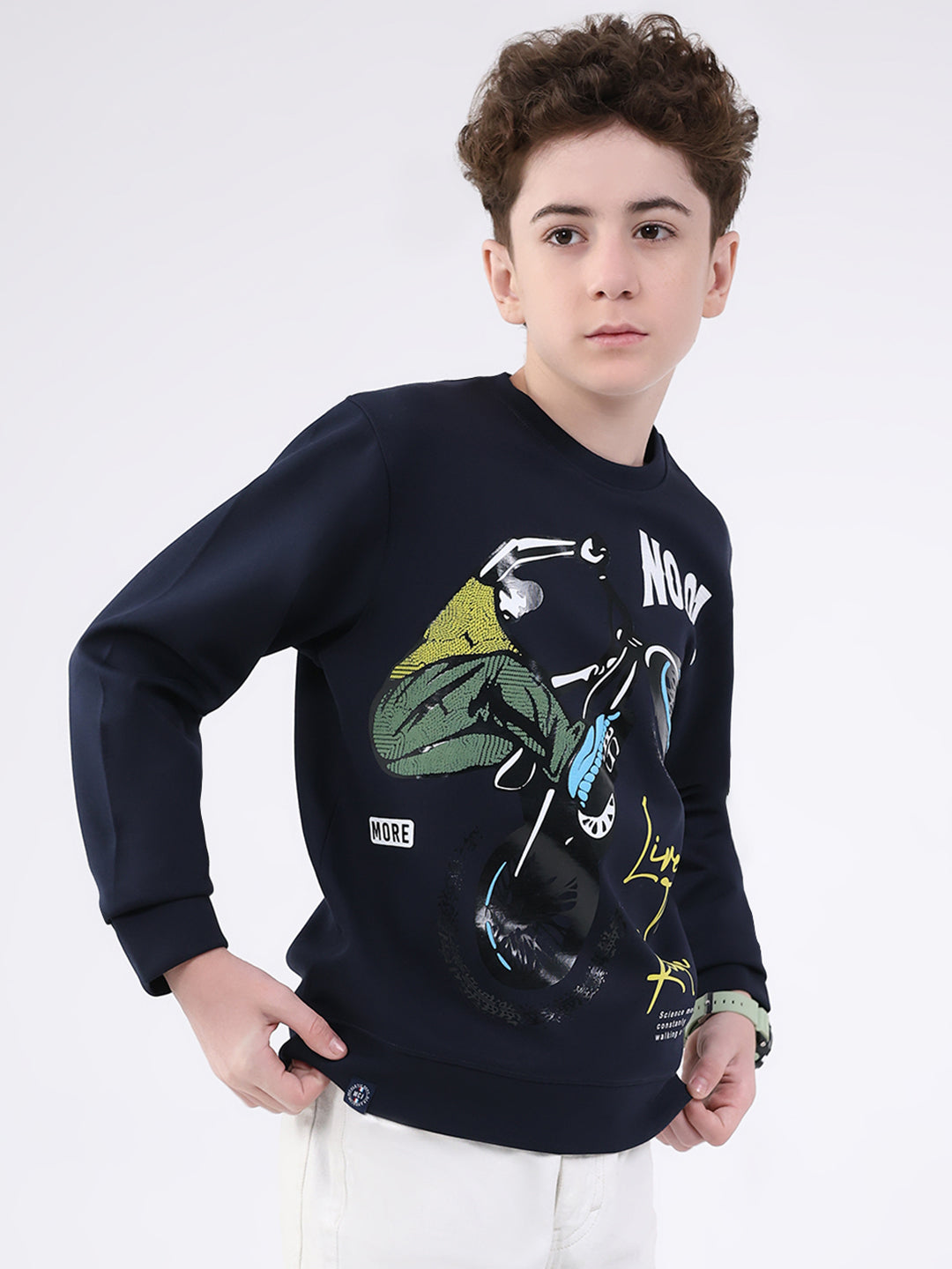 Boys Navy Blue Printed Round Neck Full Sleeve Sweatshirt