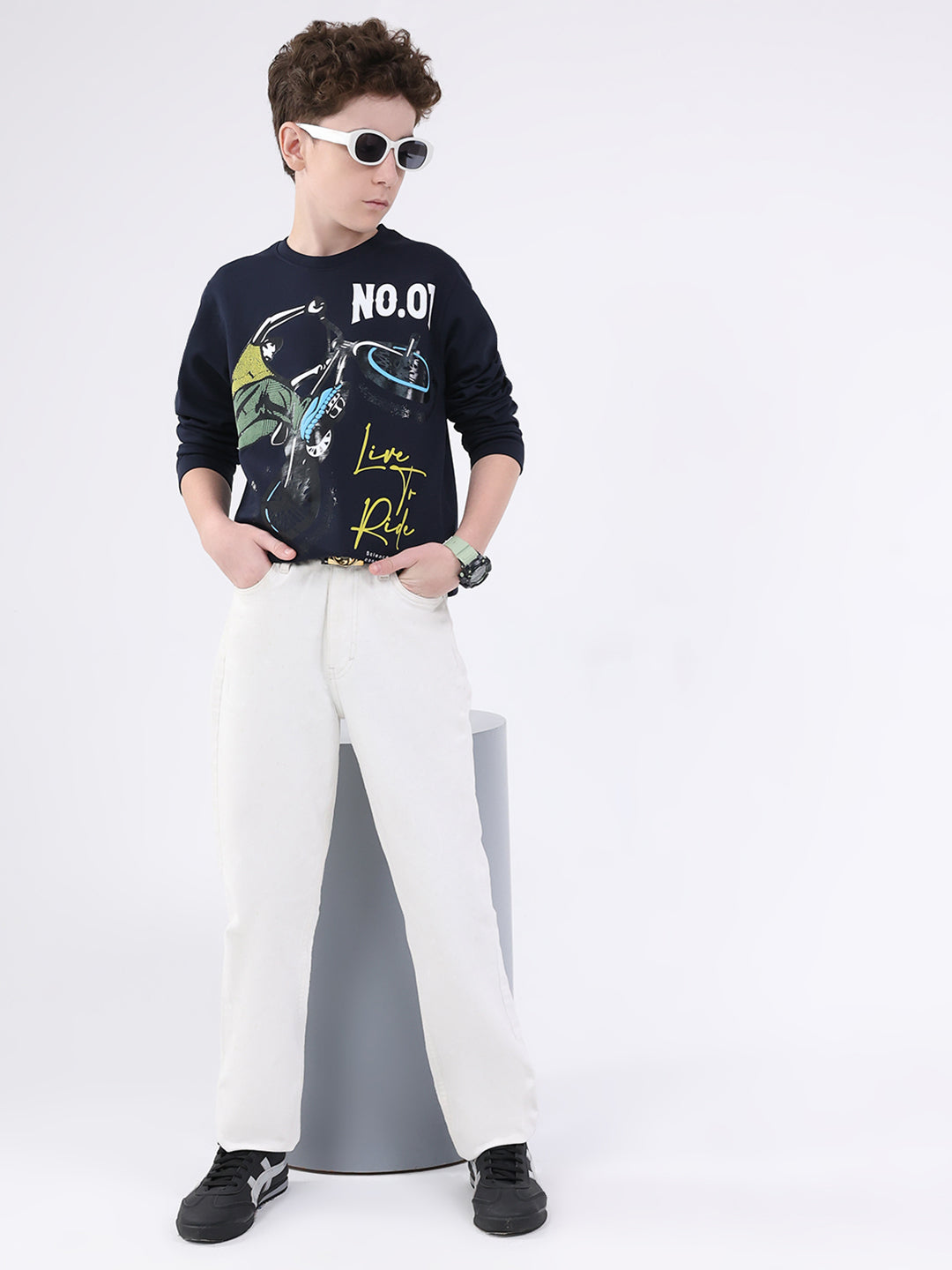 Boys Navy Blue Printed Round Neck Full Sleeve Sweatshirt