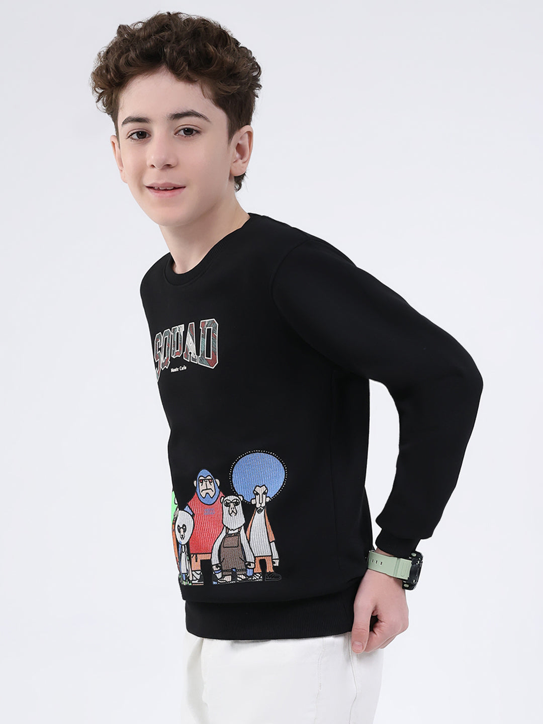 Boys Black Printed Round Neck Full Sleeve Sweatshirt