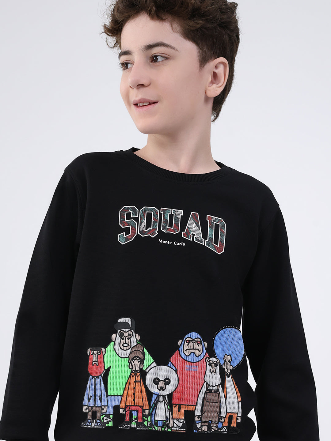 Boys Black Printed Round Neck Full Sleeve Sweatshirt