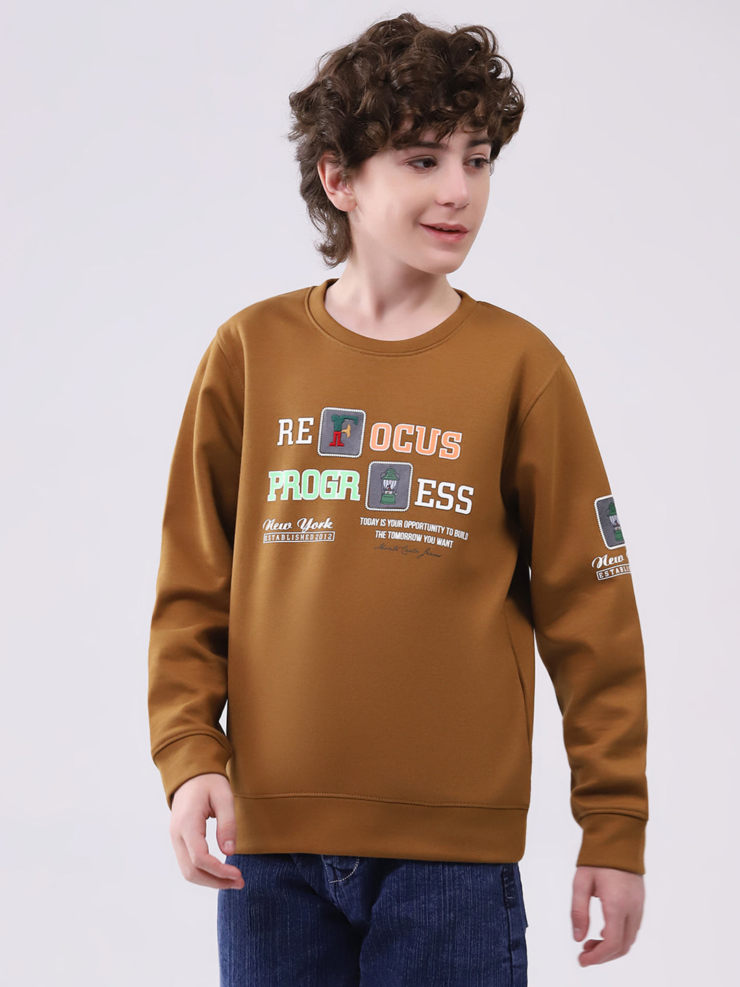 Boys Brown Printed Round Neck Full Sleeve Sweatshirt