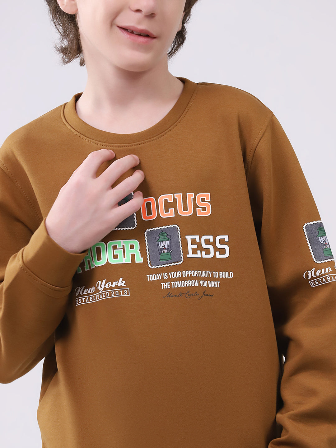 Boys Brown Printed Round Neck Full Sleeve Sweatshirt