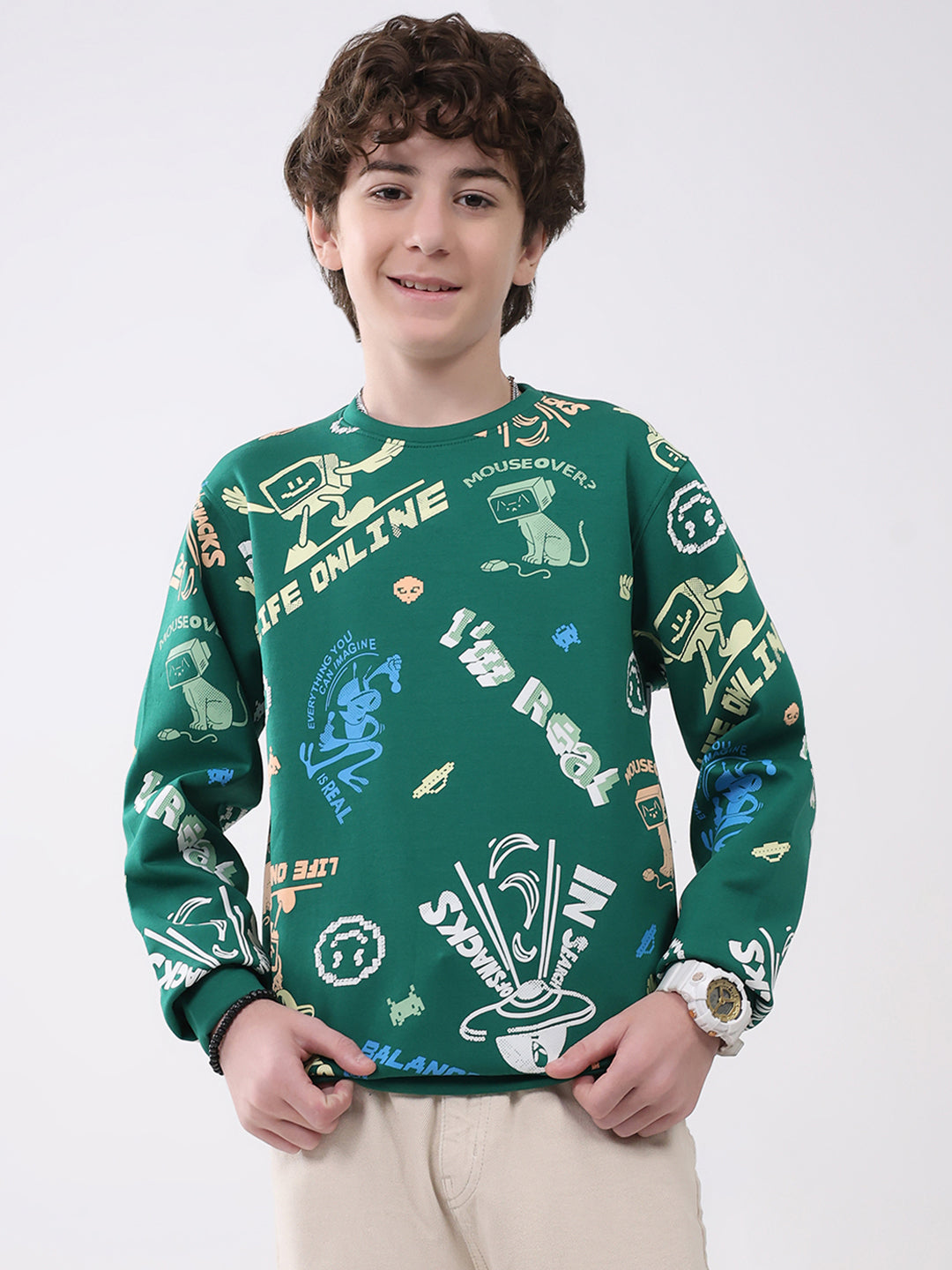 Boys Green Printed Round Neck Full Sleeve Sweatshirt