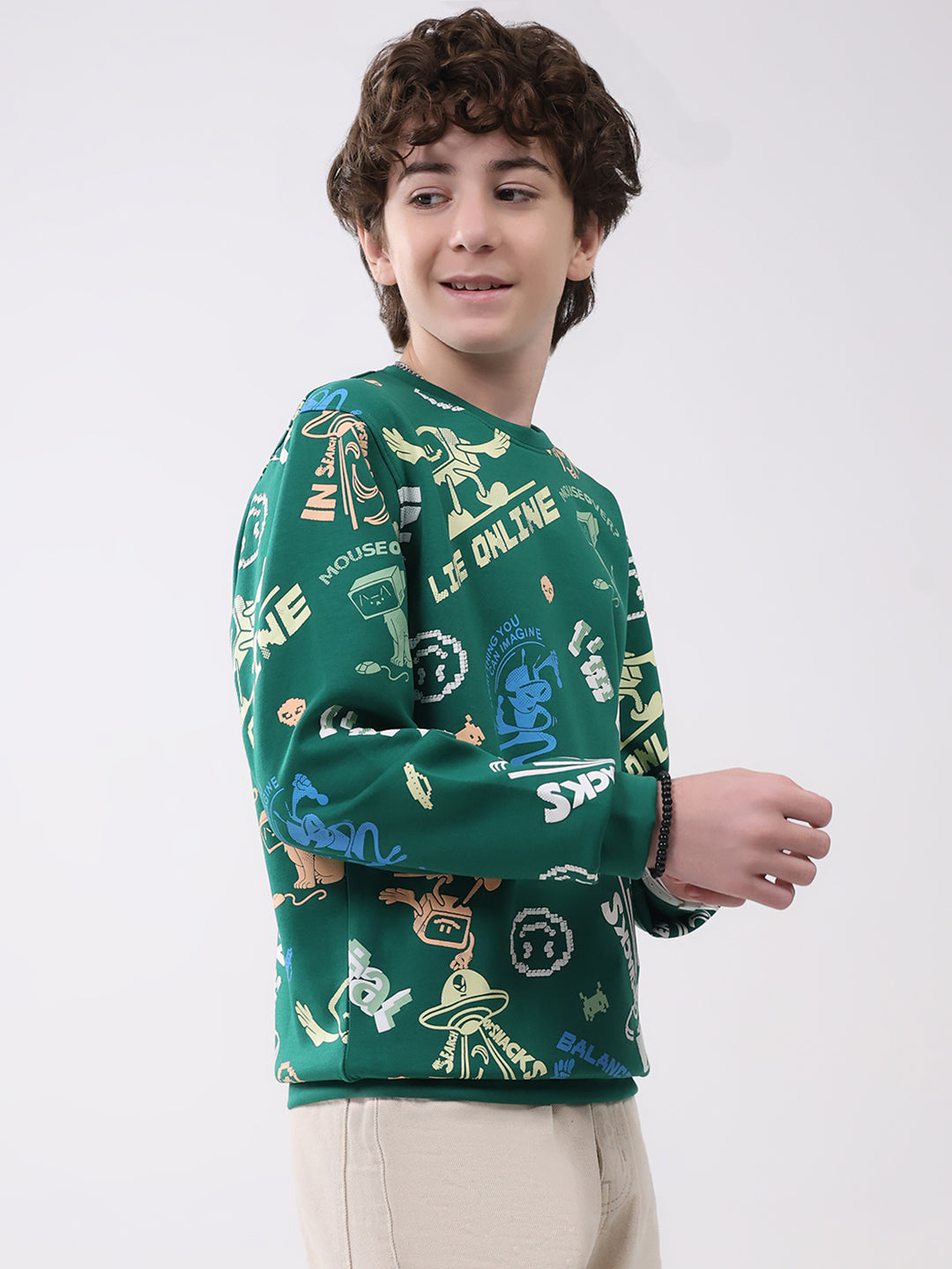 Boys Green Printed Round Neck Full Sleeve Sweatshirt