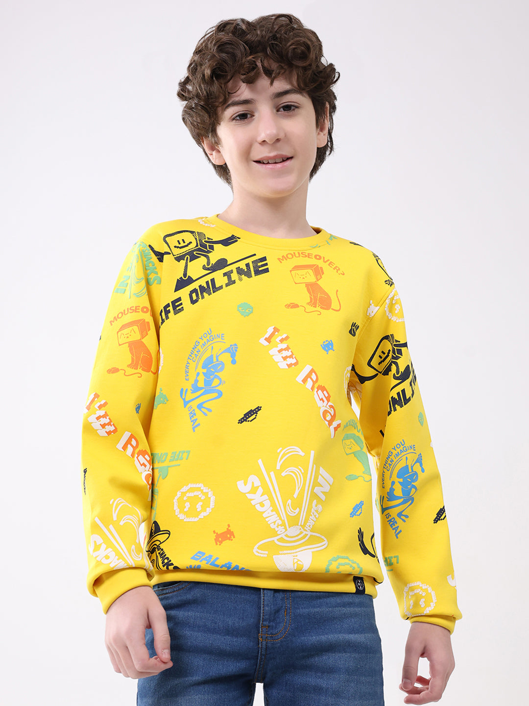 Boys Yellow Printed Round Neck Full Sleeve Sweatshirt