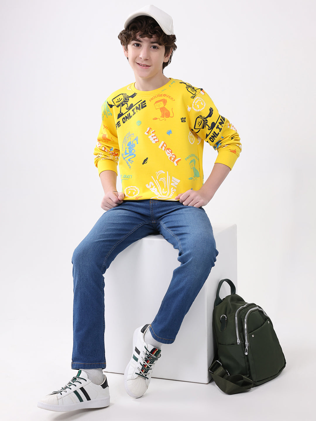 Boys Yellow Printed Round Neck Full Sleeve Sweatshirt