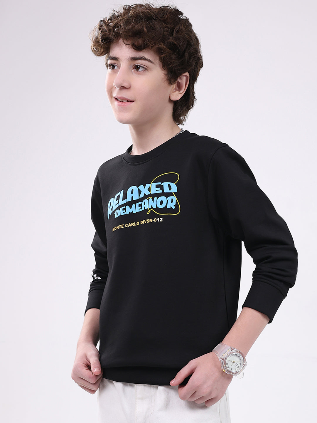 Boys Black Printed Round Neck Full Sleeve Sweatshirt