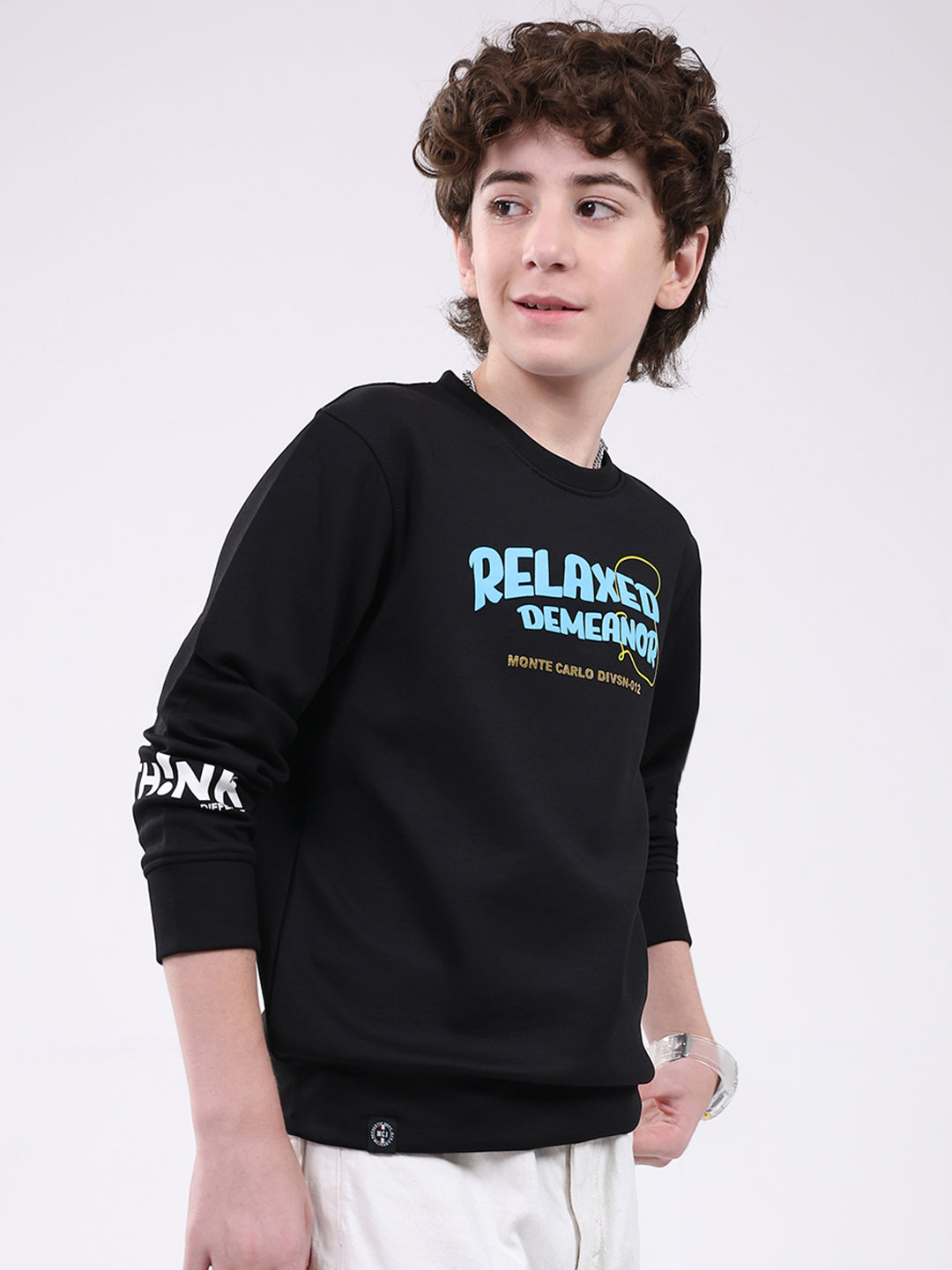 Boys Black Printed Round Neck Full Sleeve Sweatshirt