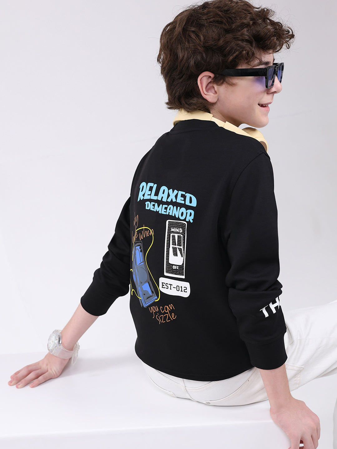 Boys Black Printed Round Neck Full Sleeve Sweatshirt