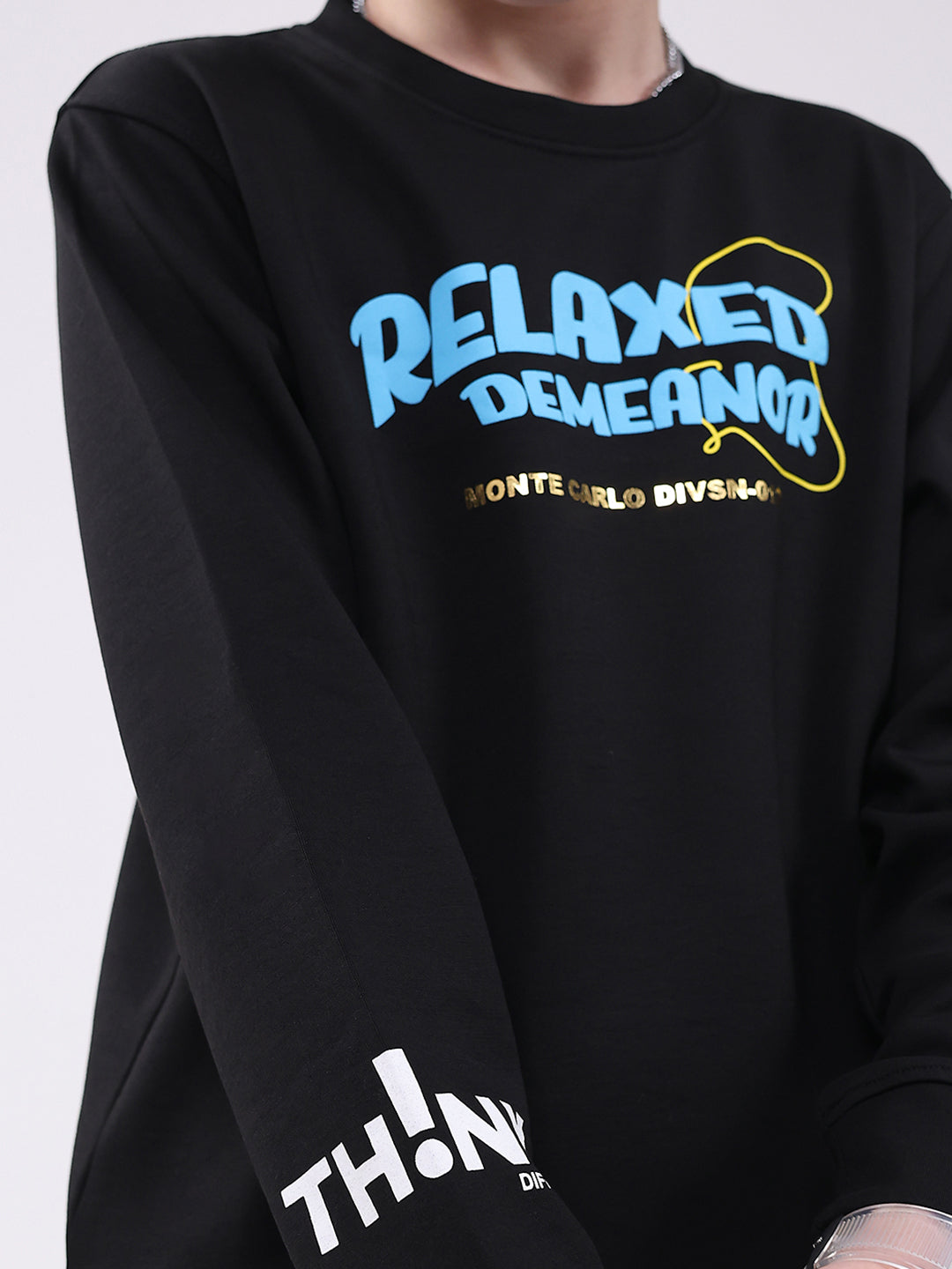 Boys Black Printed Round Neck Full Sleeve Sweatshirt