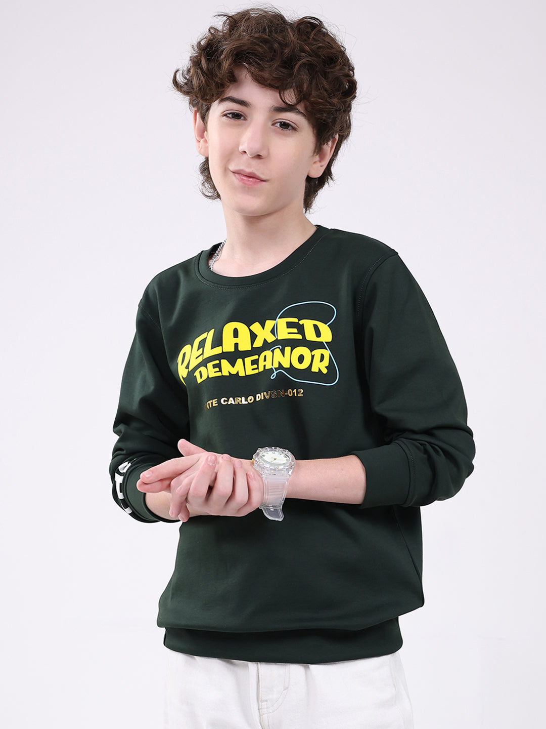 Boys Green Printed Round Neck Full Sleeve Sweatshirt