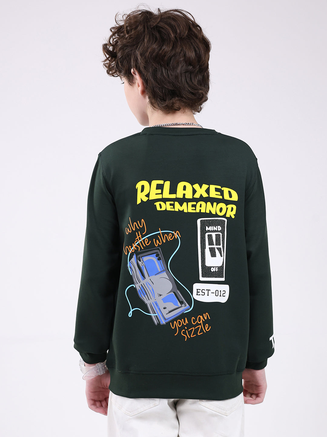 Boys Green Printed Round Neck Full Sleeve Sweatshirt