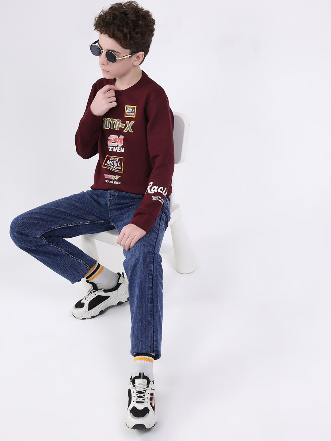Boys Maroon Printed Round Neck Full Sleeve Sweatshirt