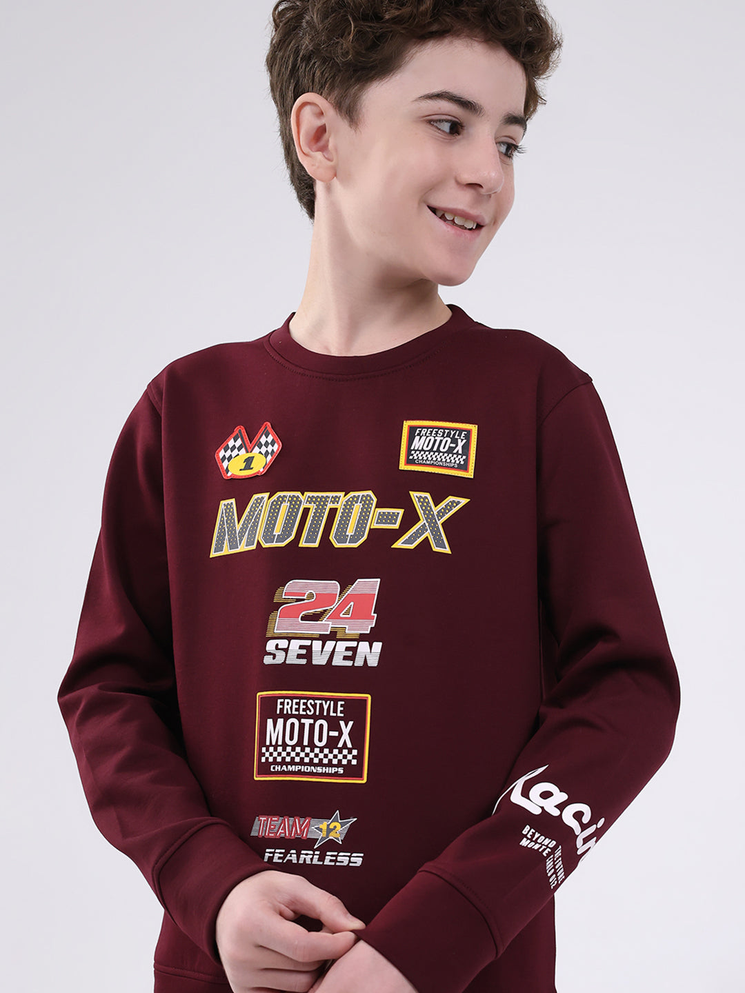 Boys Maroon Printed Round Neck Full Sleeve Sweatshirt
