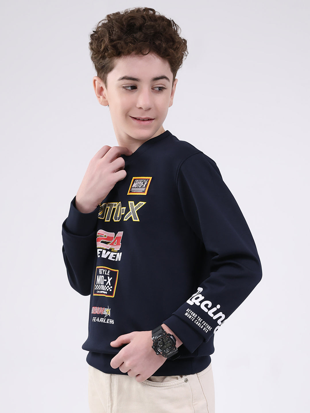 Boys Navy Blue Printed Round Neck Full Sleeve Sweatshirt