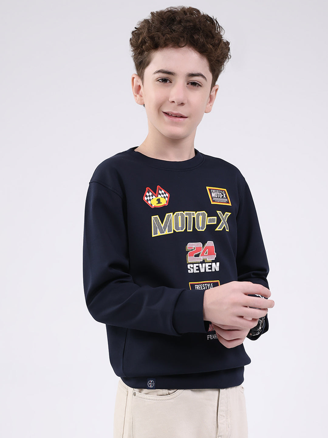 Boys Navy Blue Printed Round Neck Full Sleeve Sweatshirt