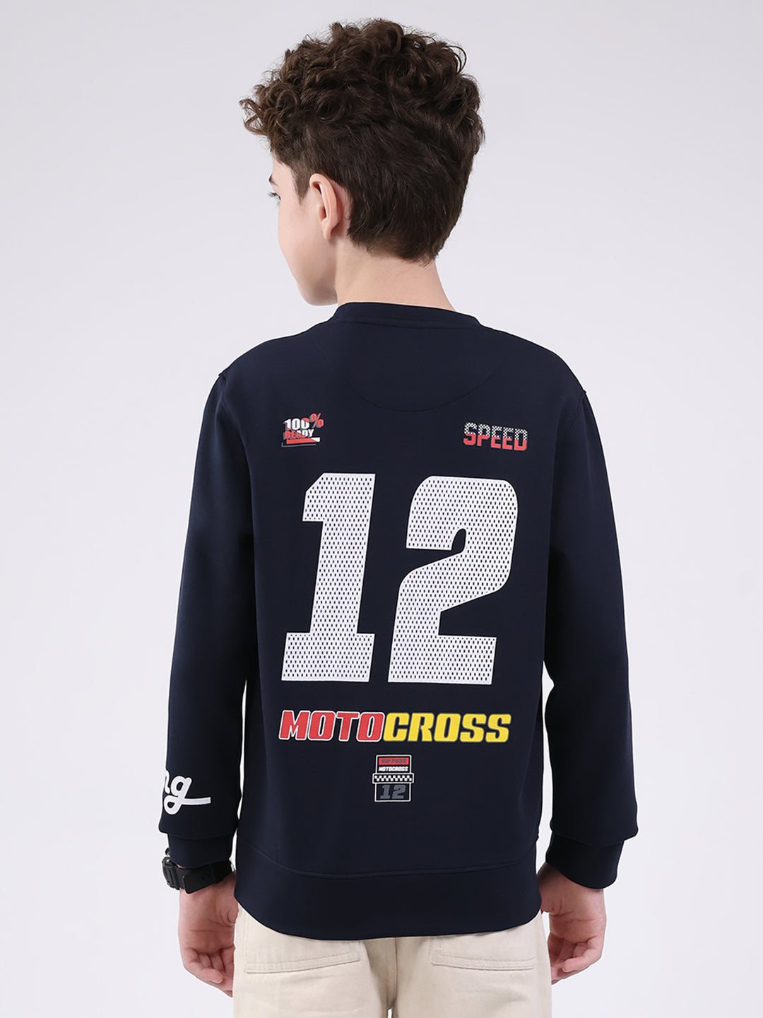 Boys Navy Blue Printed Round Neck Full Sleeve Sweatshirt
