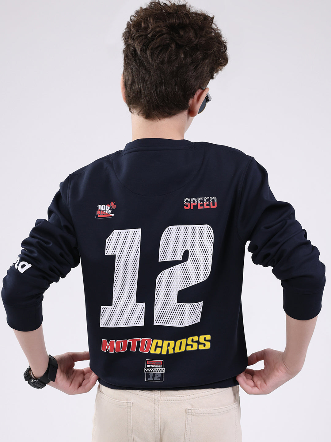 Boys Navy Blue Printed Round Neck Full Sleeve Sweatshirt