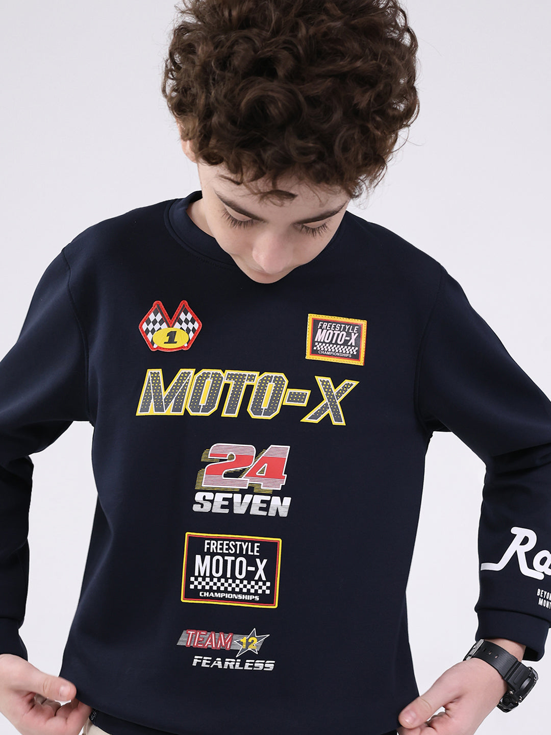 Boys Navy Blue Printed Round Neck Full Sleeve Sweatshirt