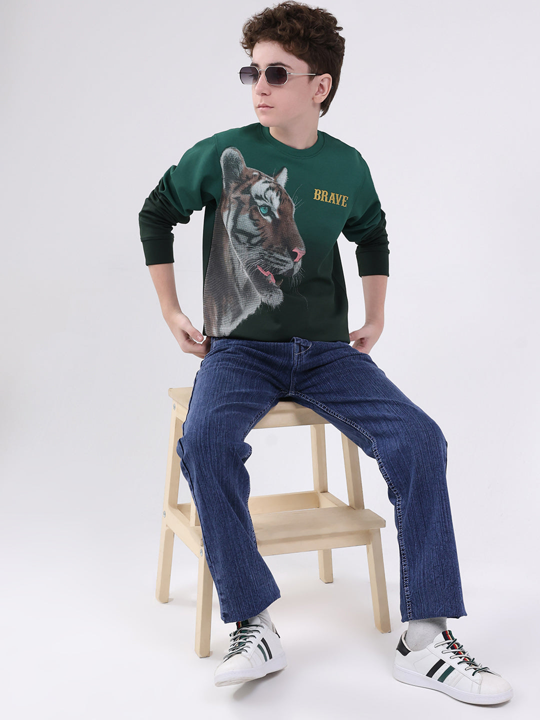 Boys Green Printed Round Neck Full Sleeve Sweatshirt