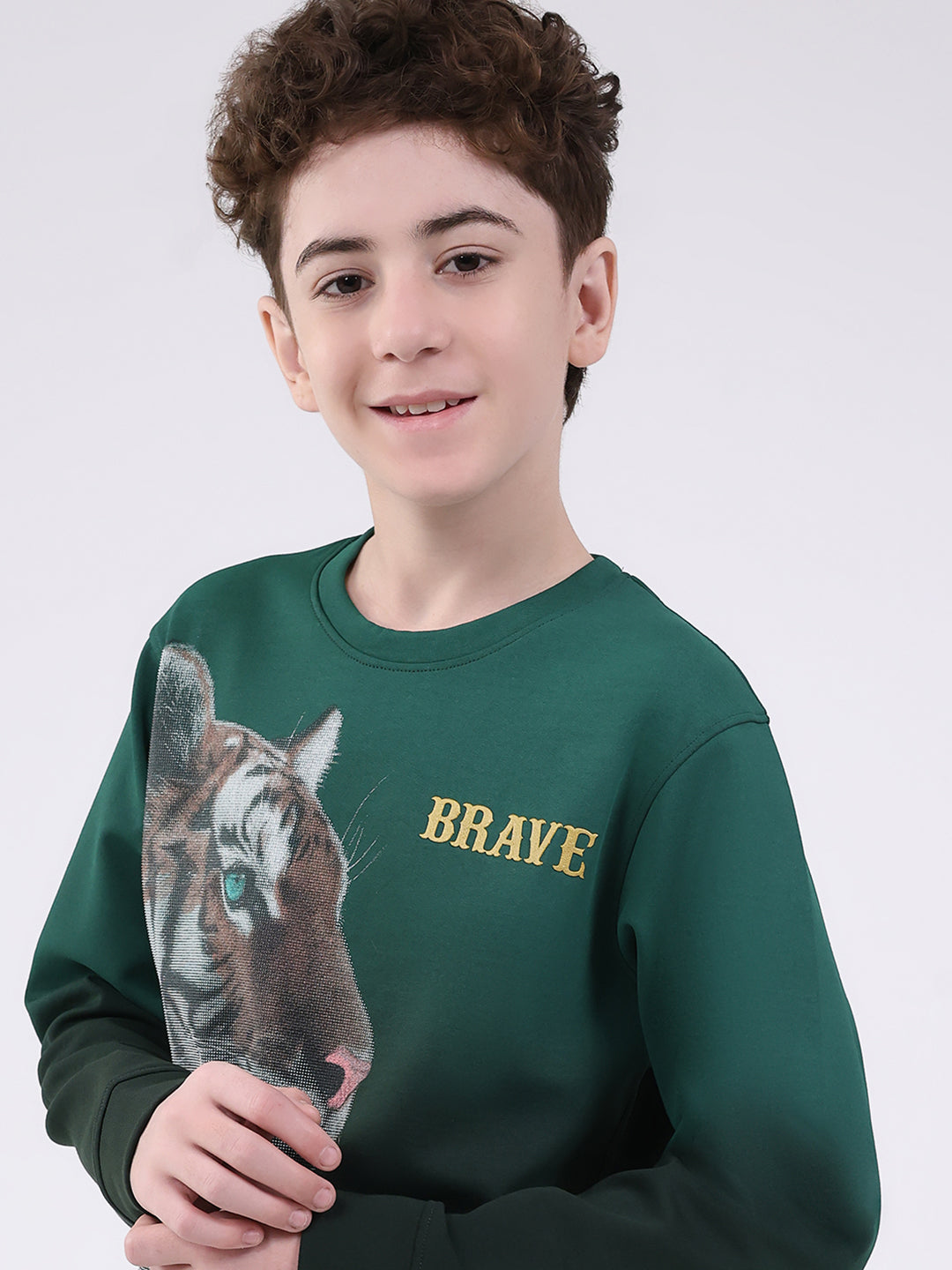 Boys Green Printed Round Neck Full Sleeve Sweatshirt