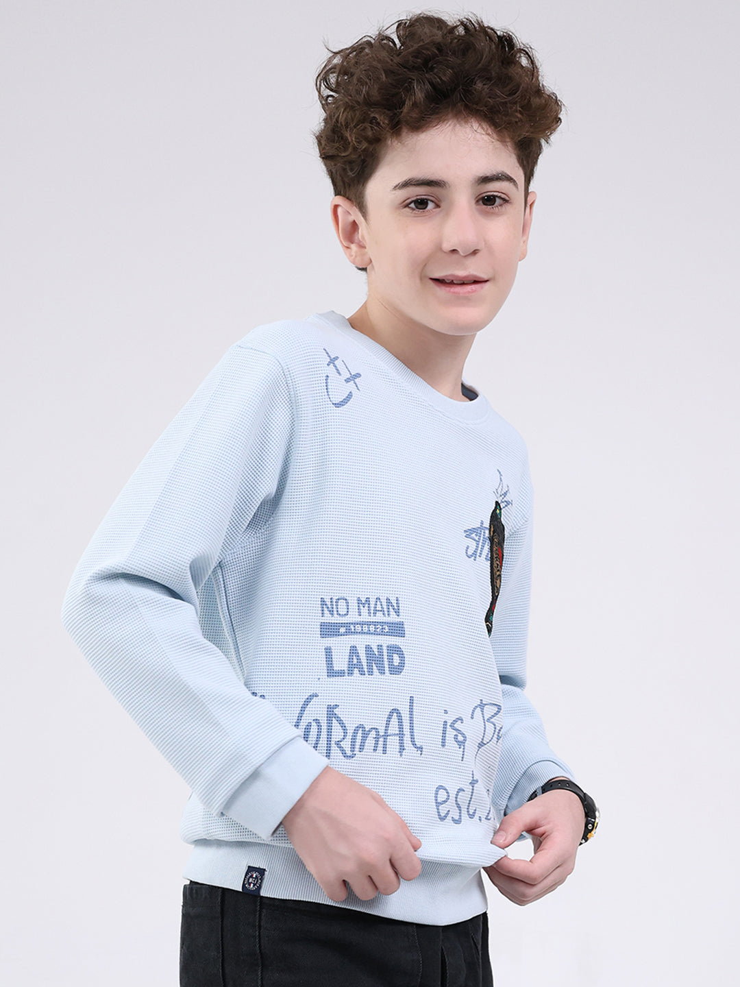 Boys Sky Blue Printed Round Neck Full Sleeve Sweatshirt