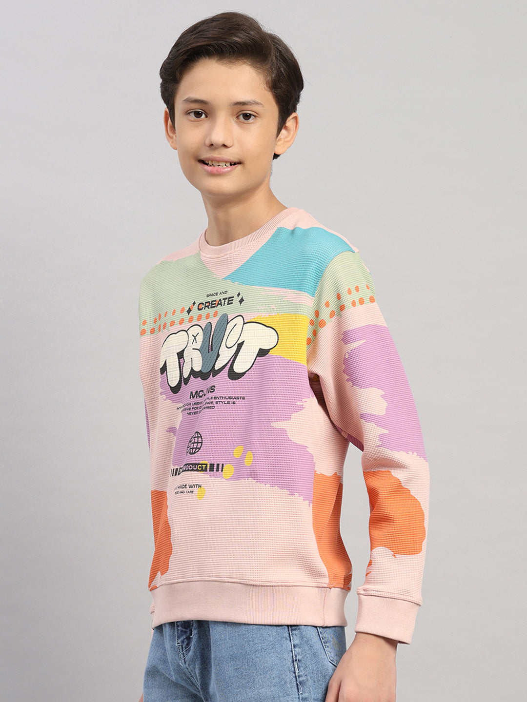 Boys Pink Printed Round Neck Full Sleeve Sweatshirt