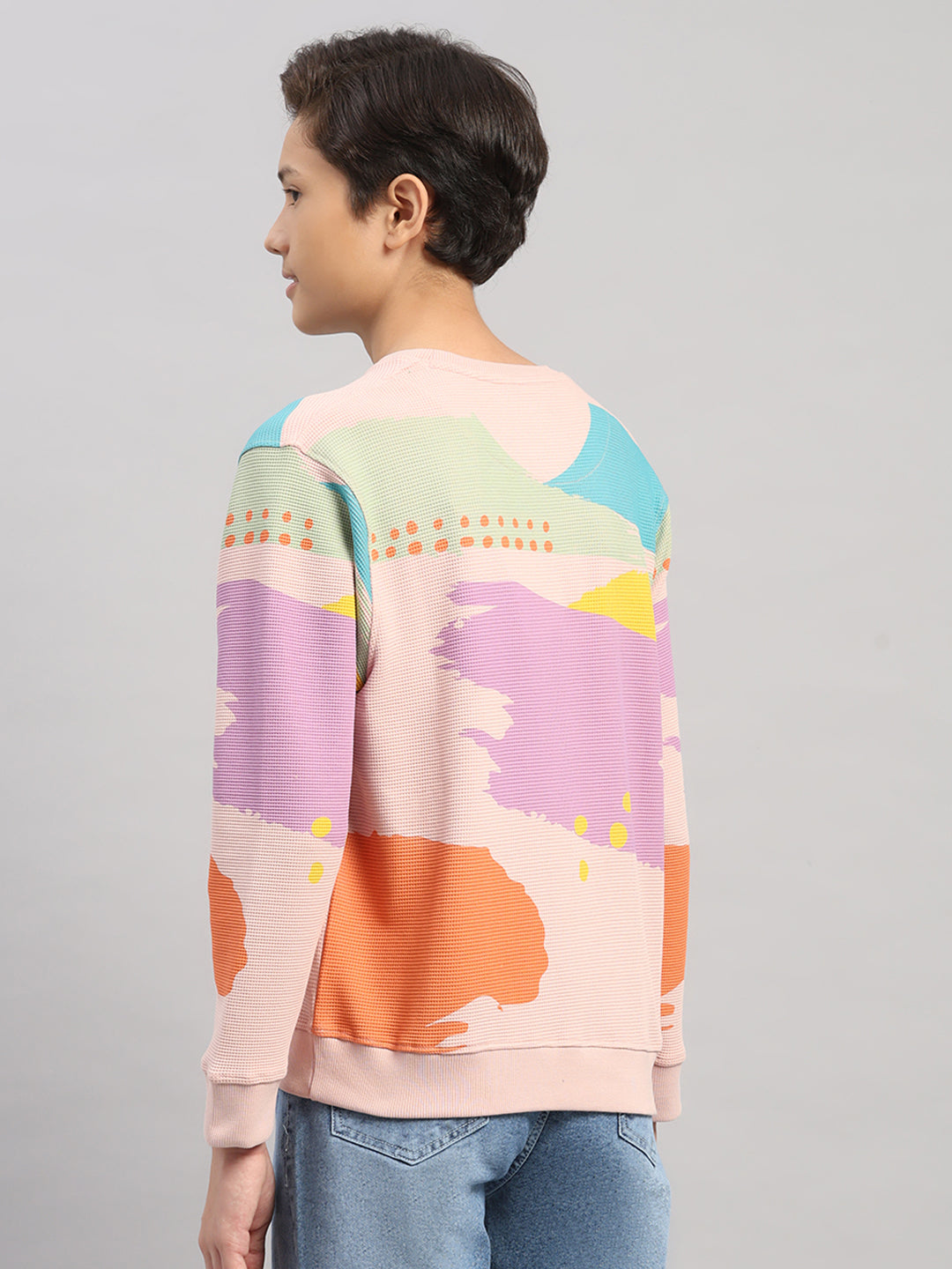 Boys Pink Printed Round Neck Full Sleeve Sweatshirt