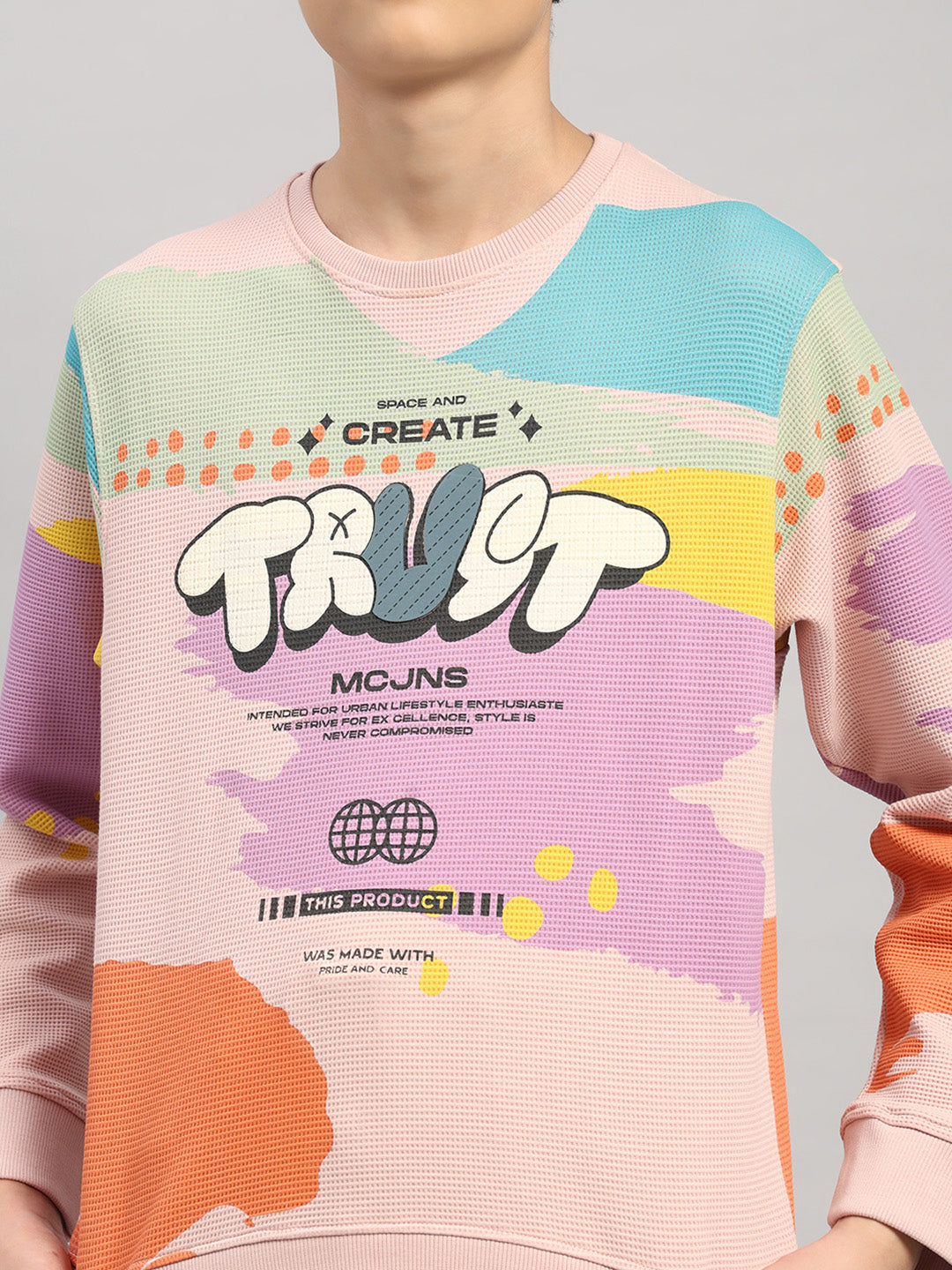 Boys Pink Printed Round Neck Full Sleeve Sweatshirt
