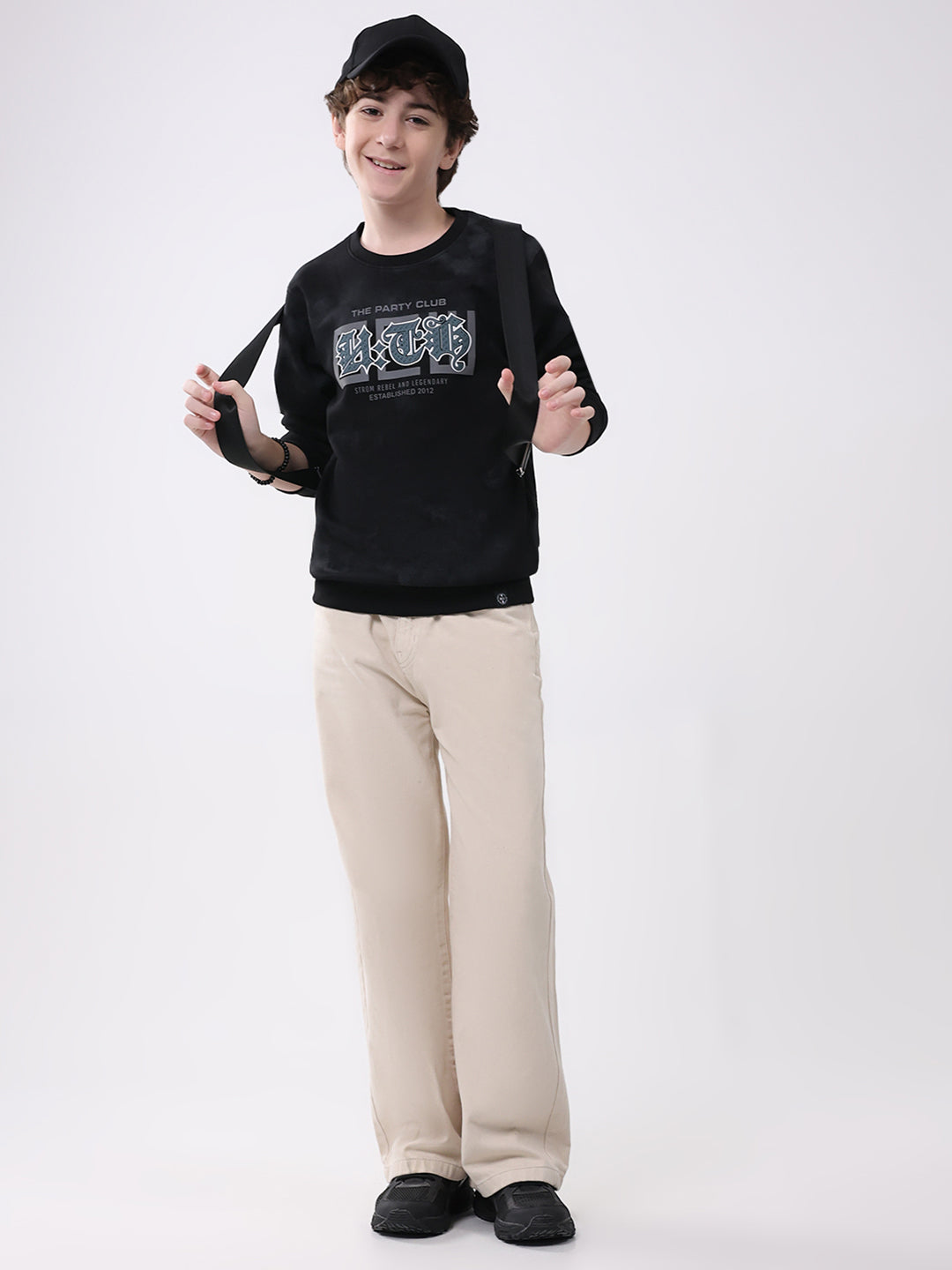 Boys Black Printed Round Neck Full Sleeve Sweatshirt