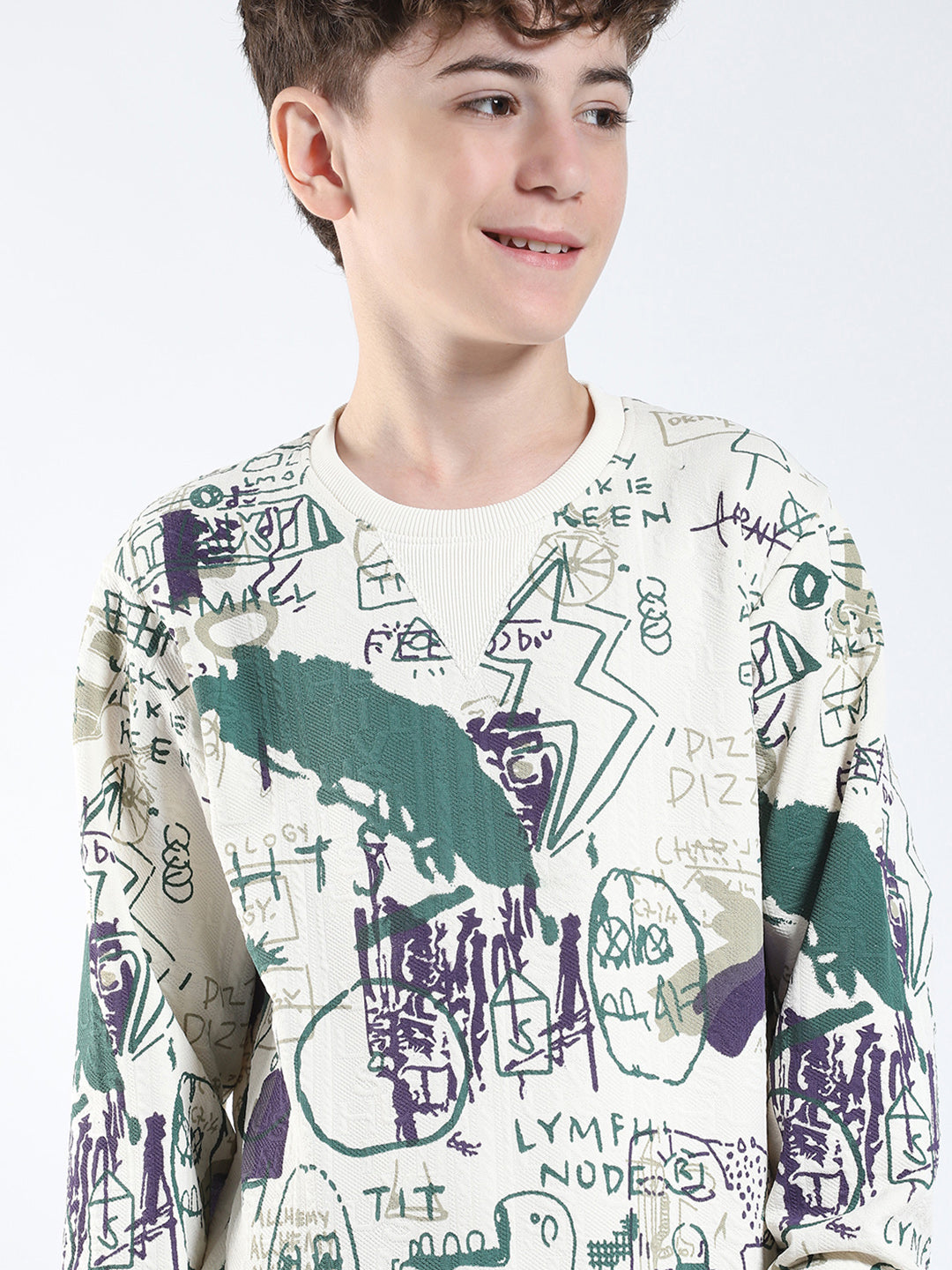 Boys Green Printed Round Neck Full Sleeve Sweatshirt