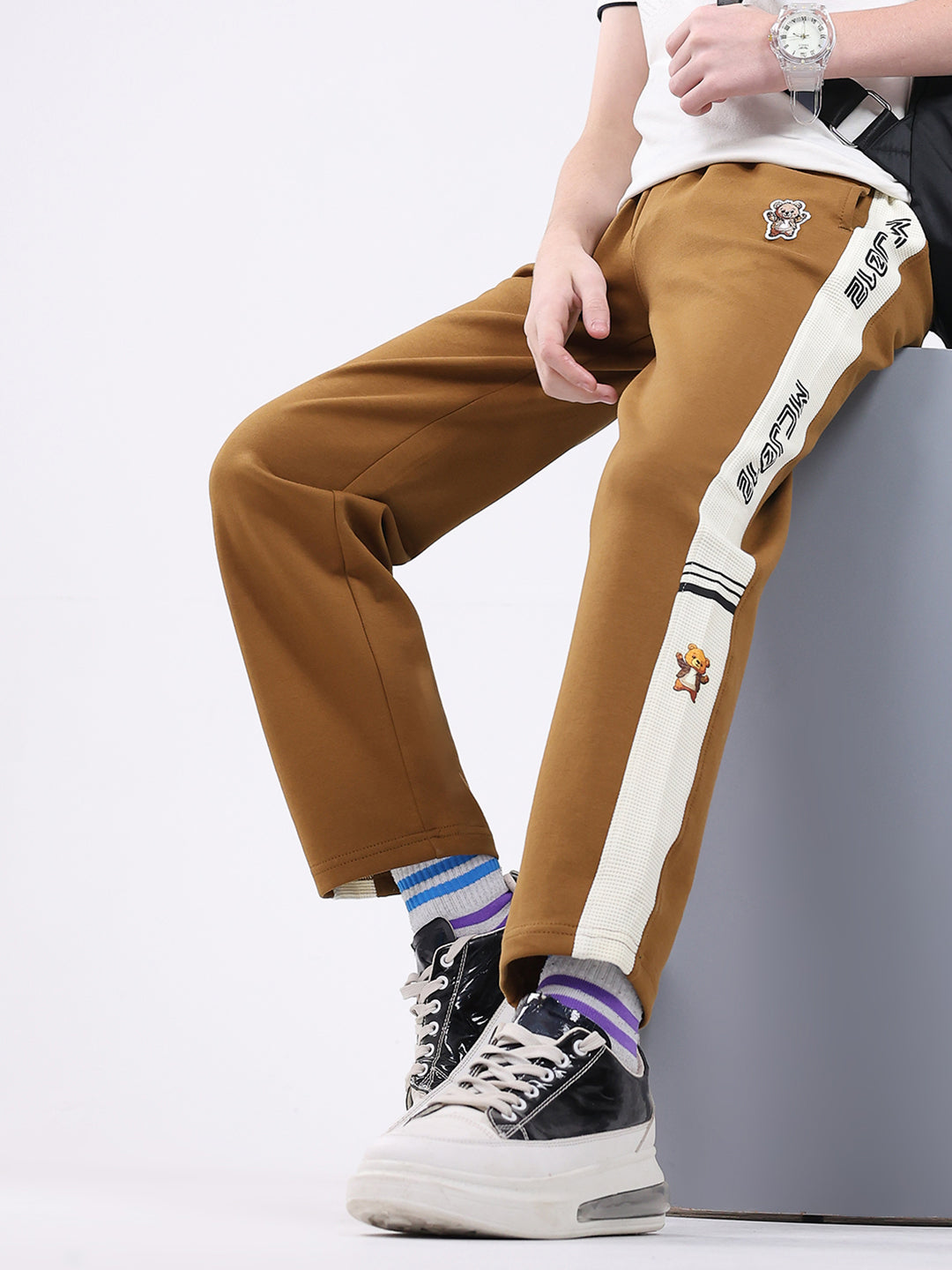 Boys Camel Brown Printed Regular Fit Lower