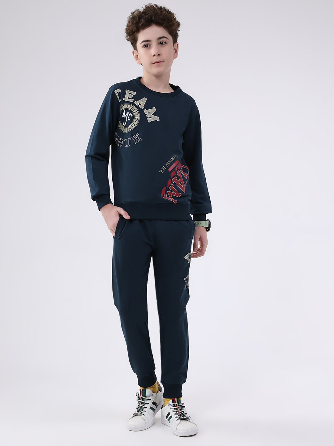 Boys Teal Blue Printed Round Neck Full Sleeve Cords Set